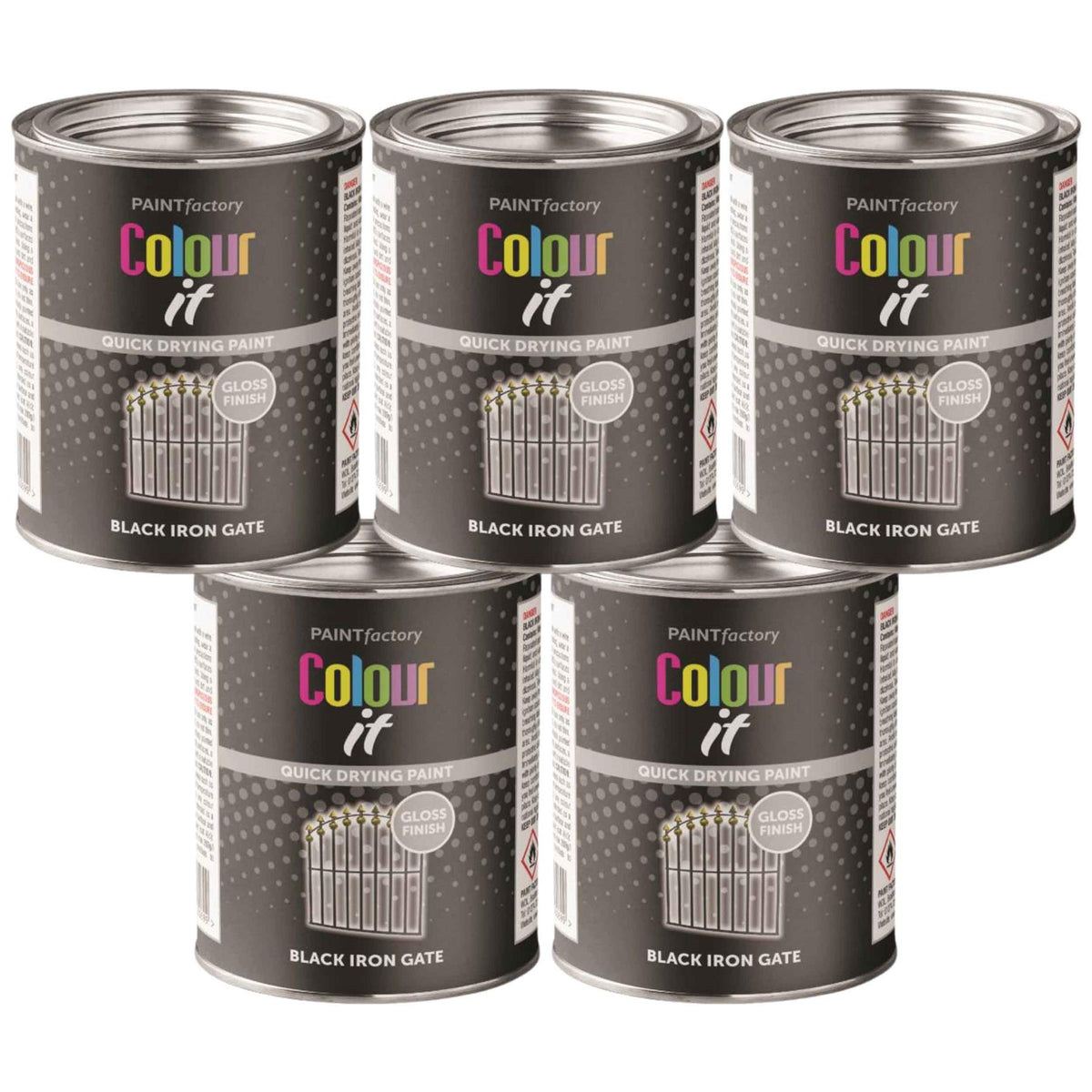 5X Paint Factory Black Iron Gate Gloss Tin Paint 300ml Tin Paint