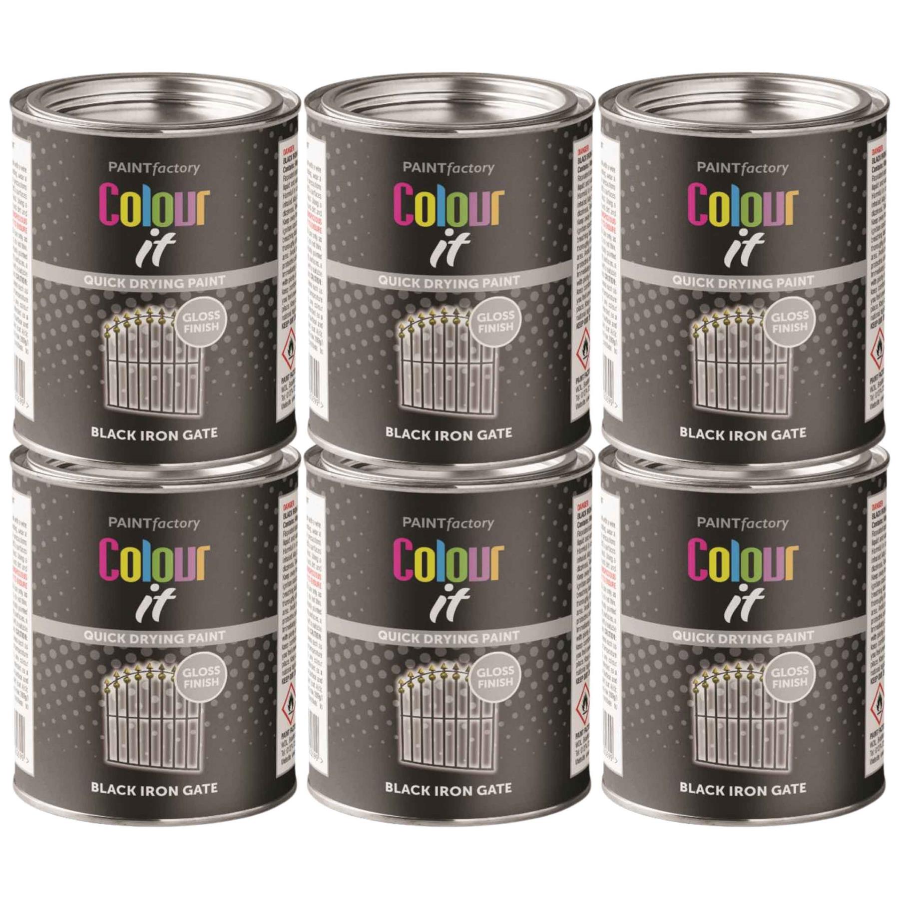 6X Paint Factory Black Iron Gate Gloss Tin Paint 300ml Tin Paint