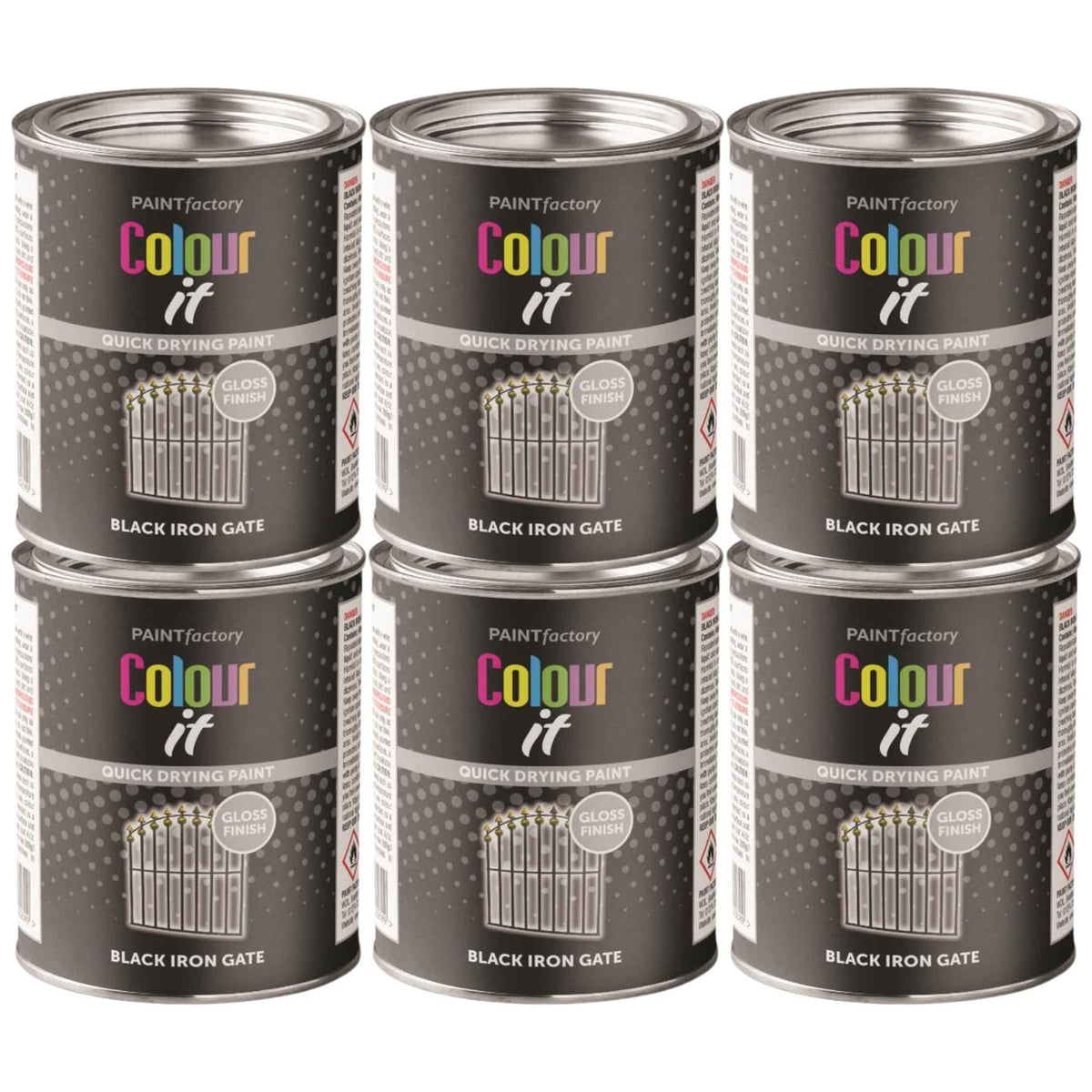 6X Paint Factory Black Iron Gate Gloss Tin Paint 300ml Tin Paint
