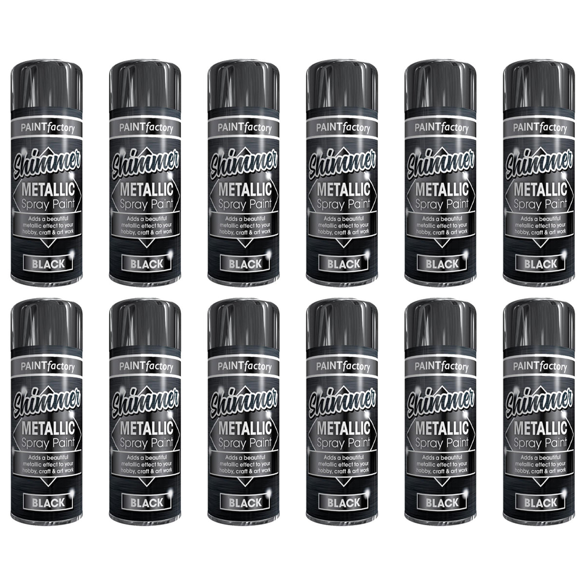 12X Paint Factory All Purpose Black Metallic Spray Paint 200ml Spray Paint