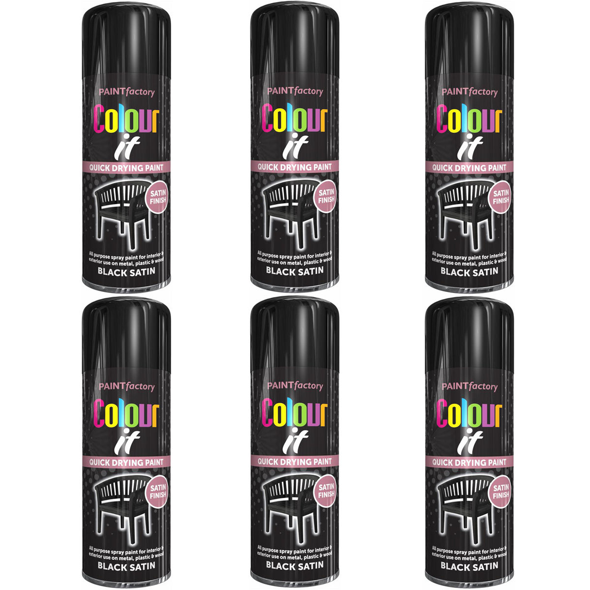 6X Paint Factory Black Satin Spray Paint 400ml Spray Paint