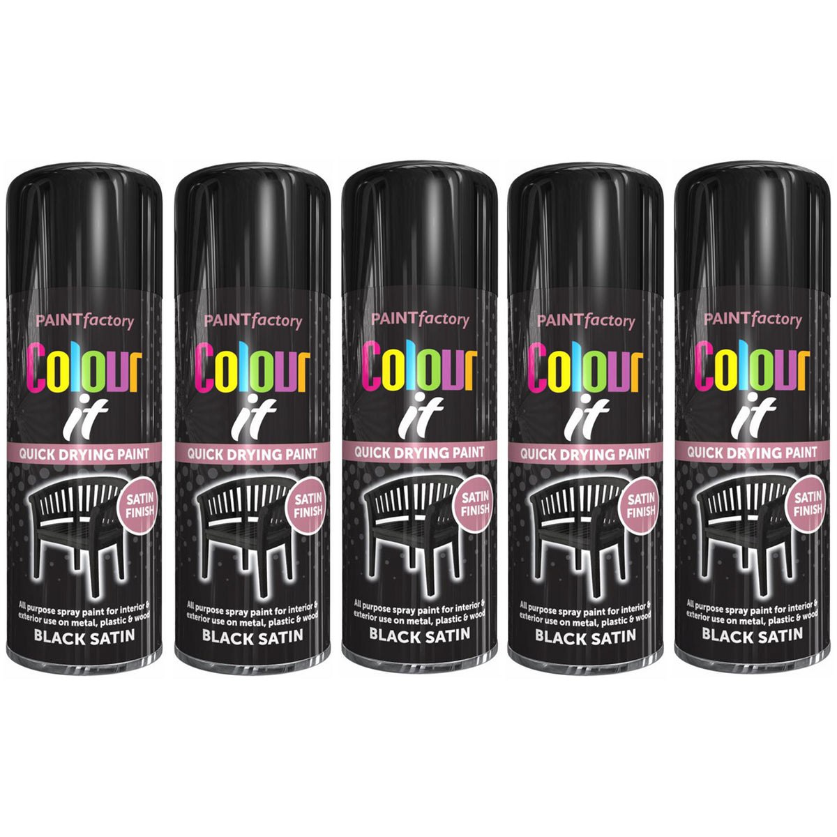 5X Paint Factory Black Satin Spray Paint 400ml Spray Paint