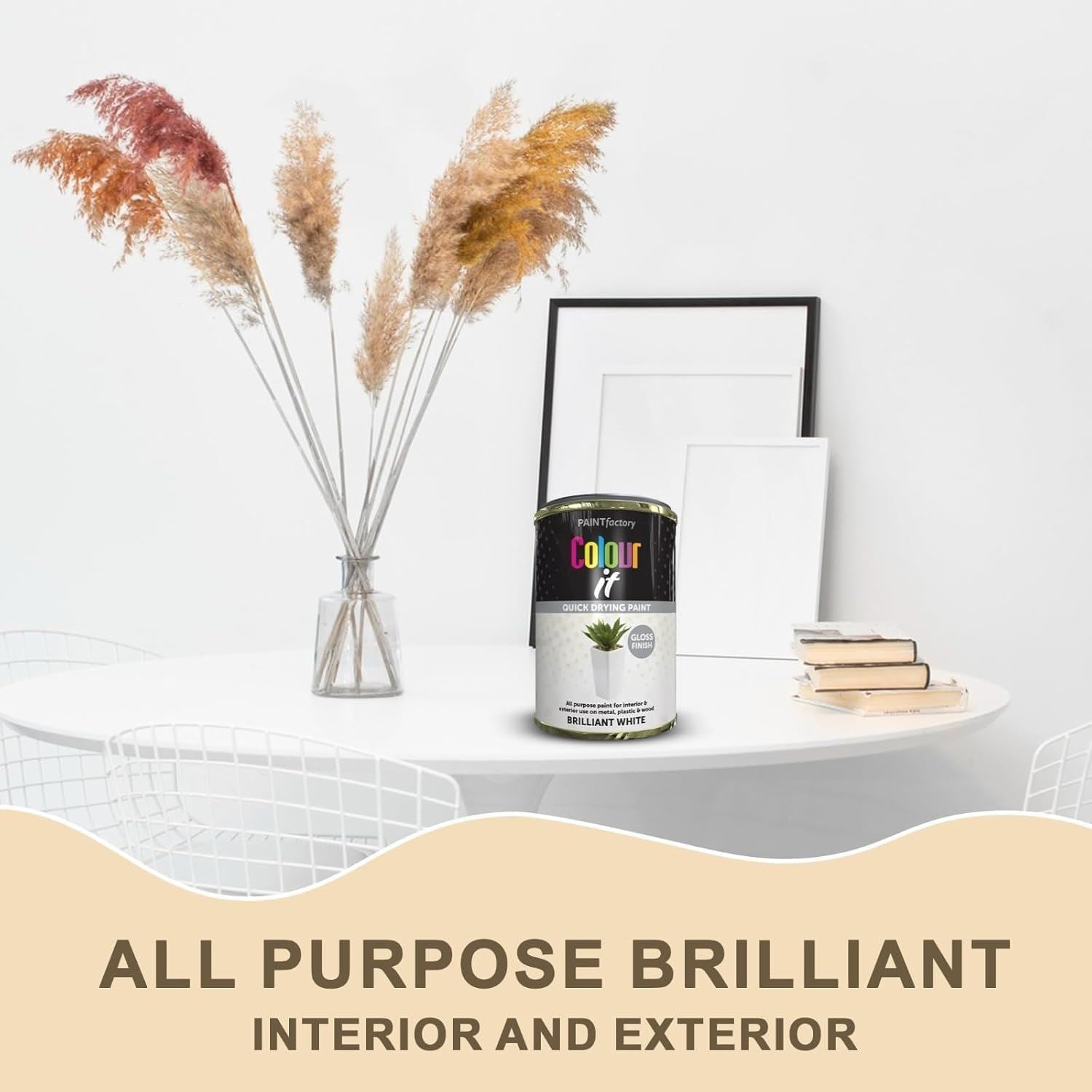 All purpose brilliant white gloss paint tin on a table with a vase and decor for interior and exterior use