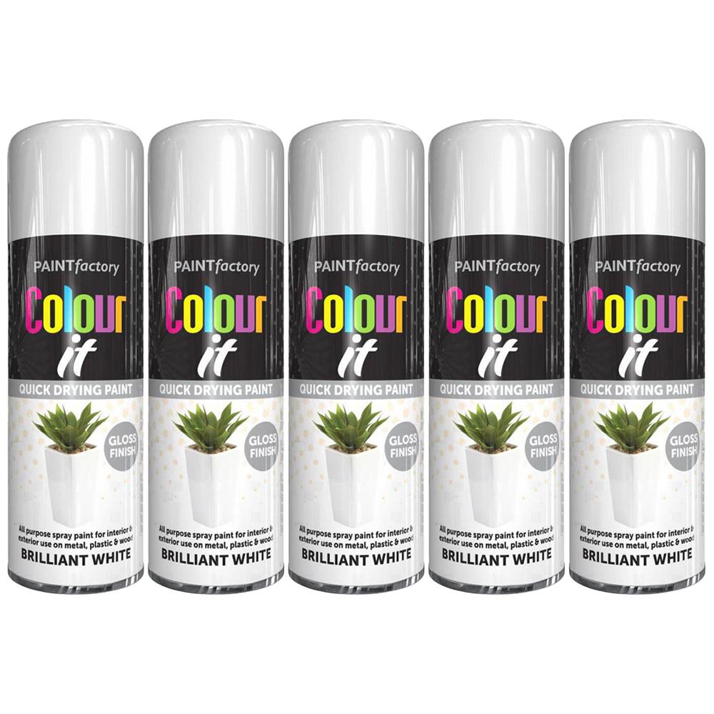 Paint Factory brilliant white gloss spray paint cans with quick drying formula for indoor use