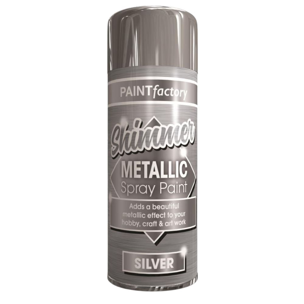 Paint Factory Shimmer Metallic Spray Paint in Silver, ideal for hobby and craft projects, available in bulk quantity discounted paints