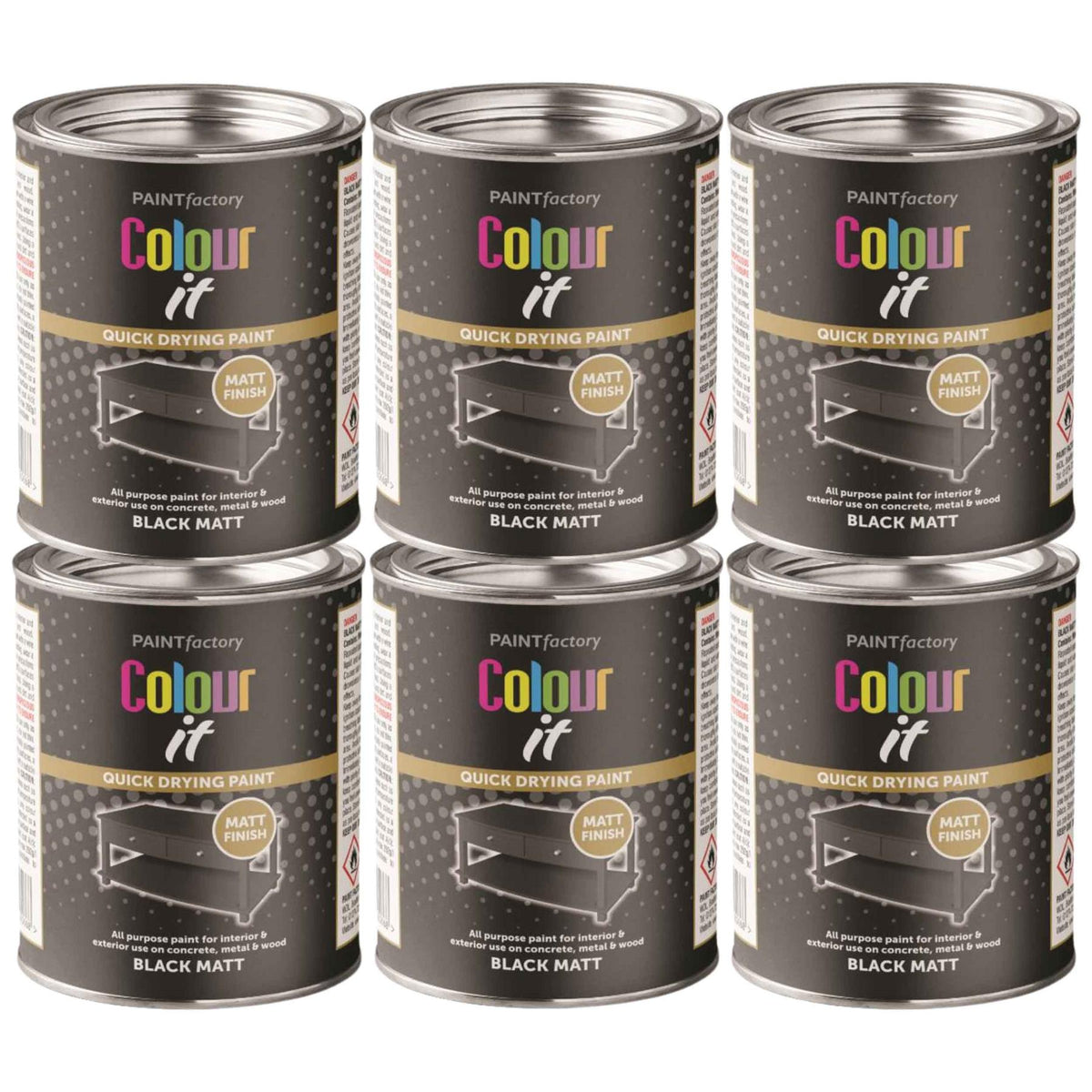 6X Paint Factory Black Matt Tin Paint 300ml Tin Paint