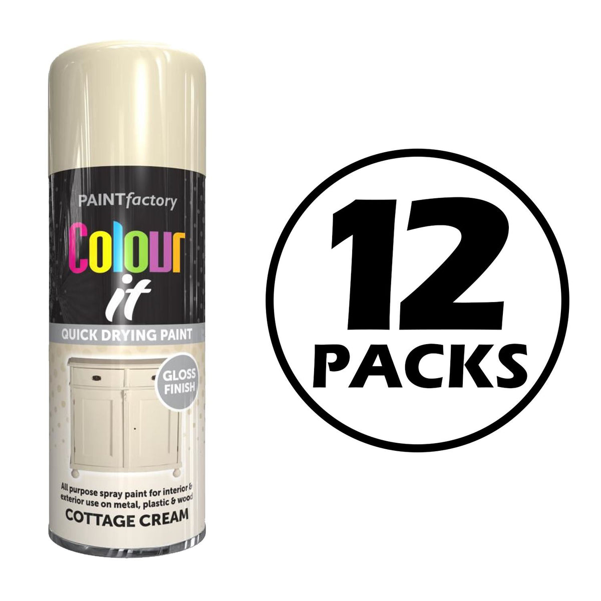 12X Paint Factory Cottage Cream Gloss Spray Paint 400ml Spray Paint