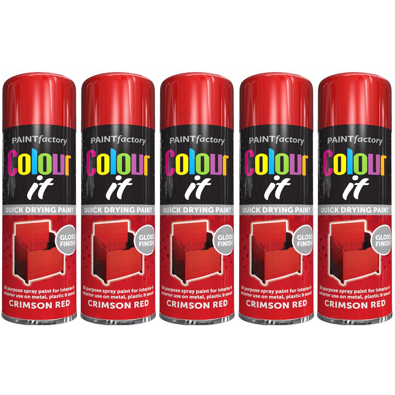 5X Paint Factory Crimson Red Gloss Spray Paint 250ml Spray Paint