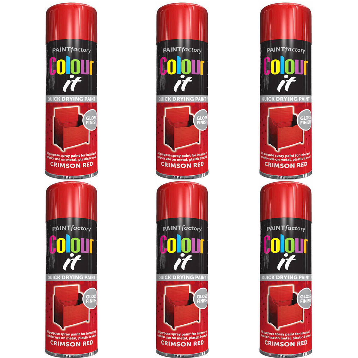 6X Paint Factory Crimson Red Gloss Spray Paint 250ml Spray Paint