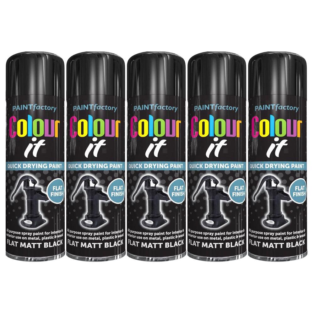 5X Paint Factory Flat Matt Black Spray Paint 250ml Spray Paint