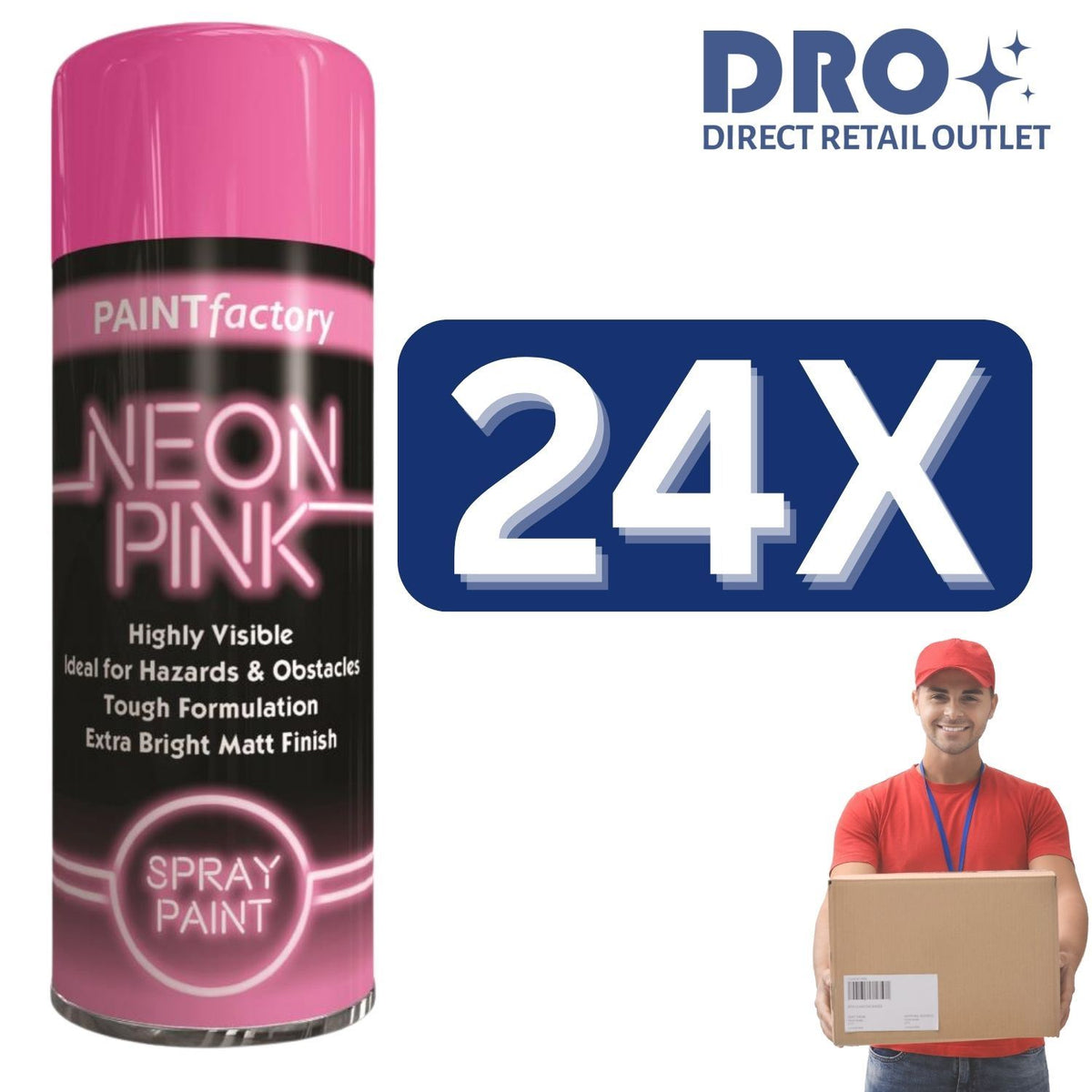 Fluorescent neon pink spray paint from Paint Factory in a highly visible can, ideal for hazards and obstacles