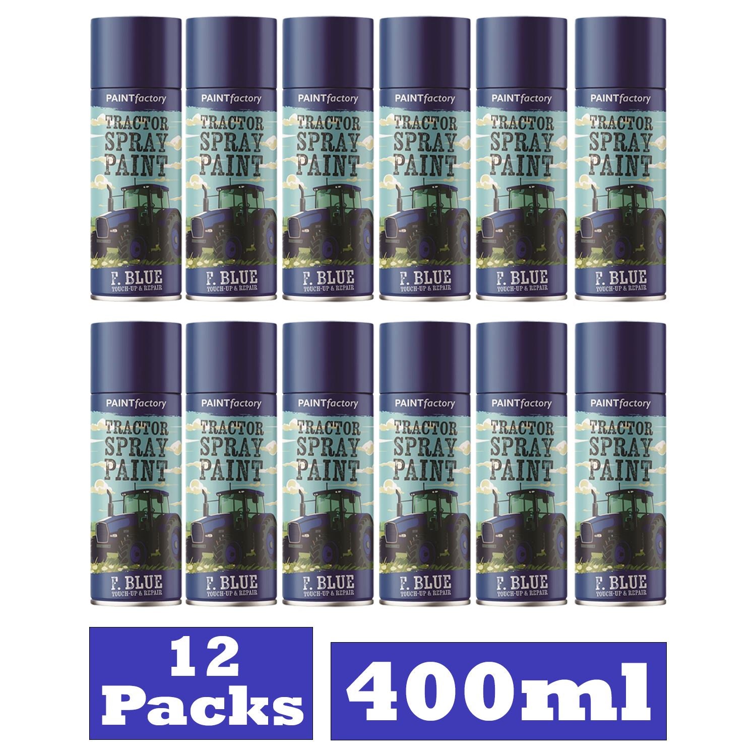 12 Pack of Paint Factory Ford blue tractor spray paint in 400ml cans for vibrant tractor finishes