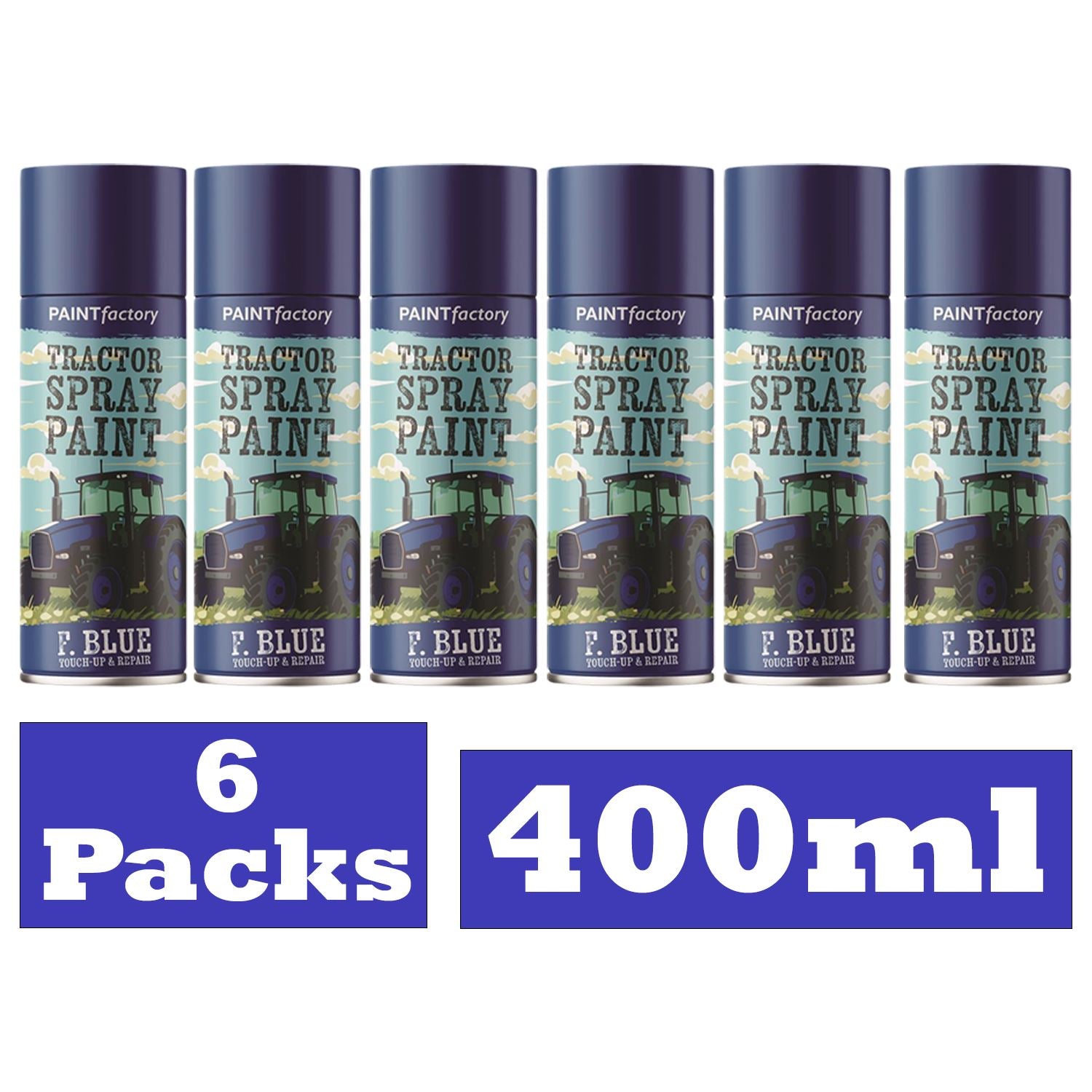 6 cans of Ford blue tractor spray paint, 400ml each, ideal for farm and machinery restoration