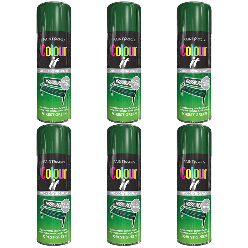 Six cans of Paint Factory Forest Green Gloss Spray Paint with quick drying and glossy finish