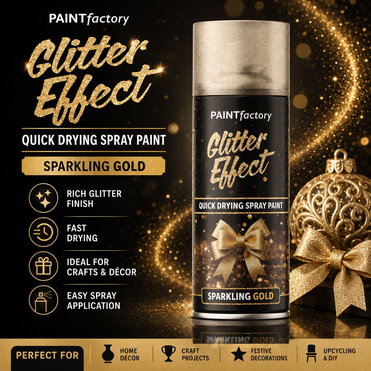 Paint Factory Glitter Effect Quick Drying Gold Paint Spray for Crafts and Decor