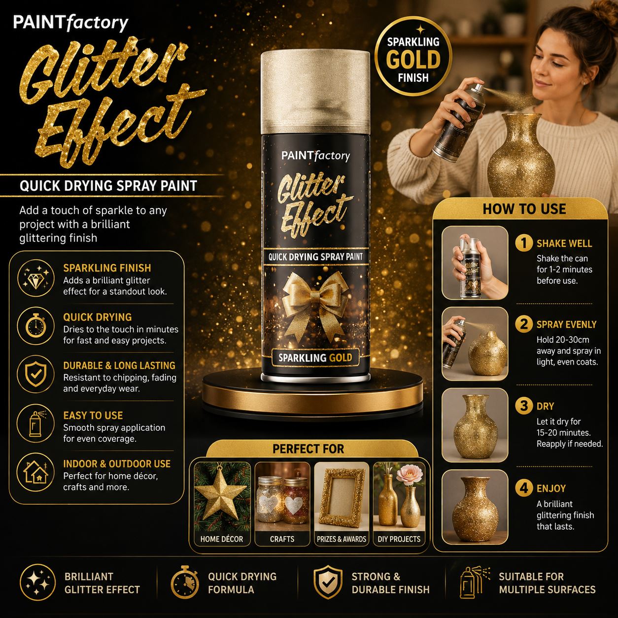 PAINTfactory Glitter Effect Quick Drying Spray Paint in Sparkling Gold Finish for Various Projects