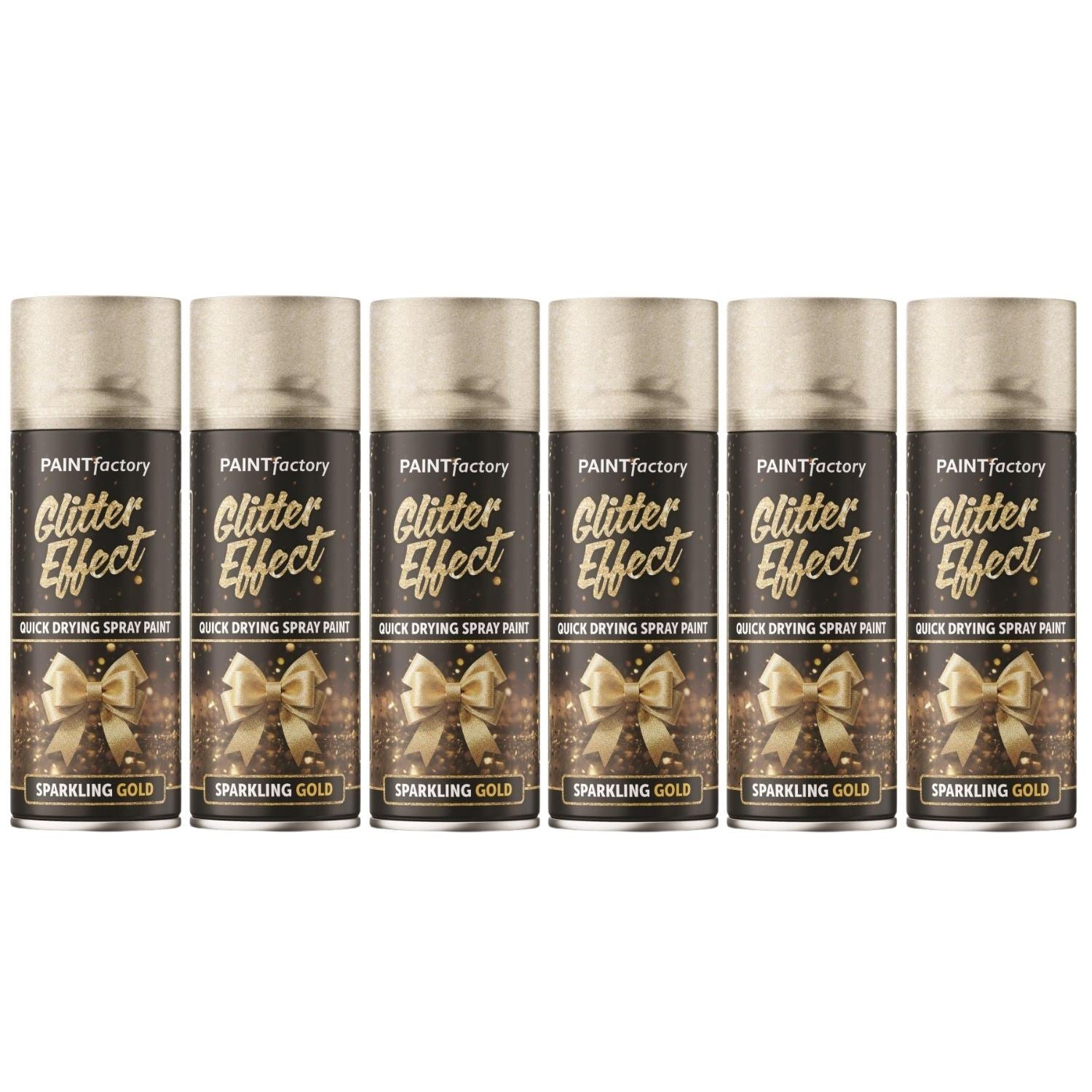Set of six Paint Factory gold paint spray cans for quick drying glitter effect projects