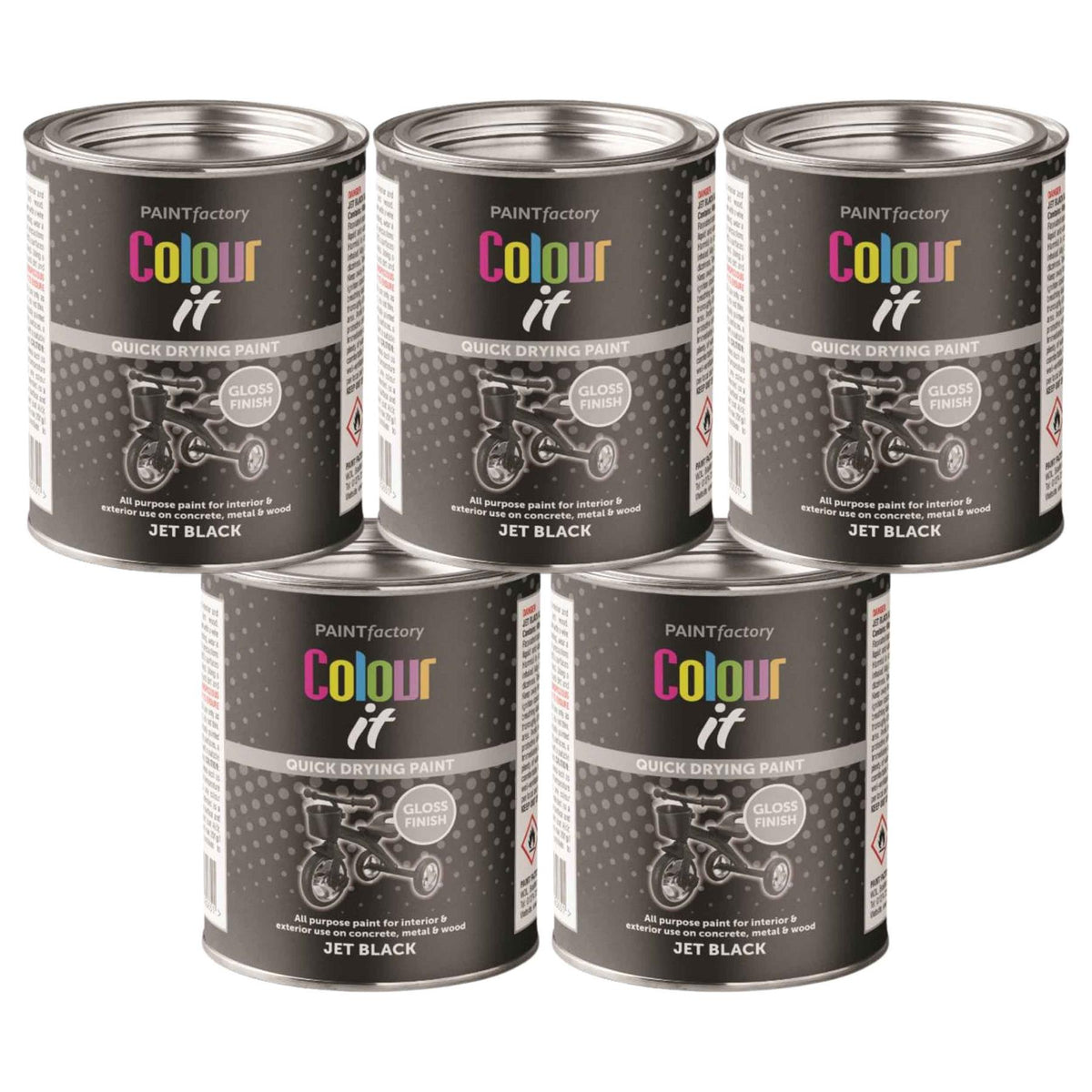 5X Paint Factory Jet Black Gloss Tin Paint 300ml Tin Paint