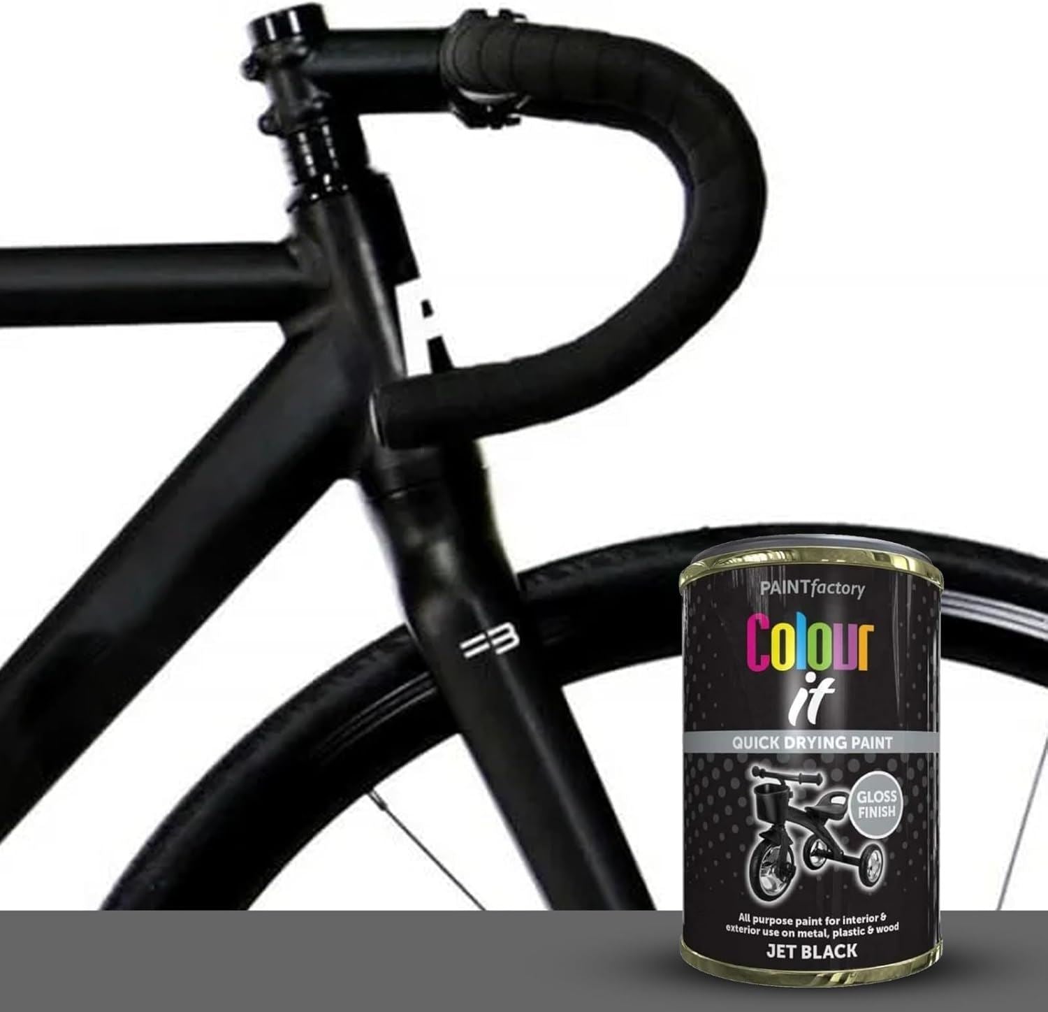 Jet black gloss paint tin from Paint Factory beside a sleek black bicycle frame