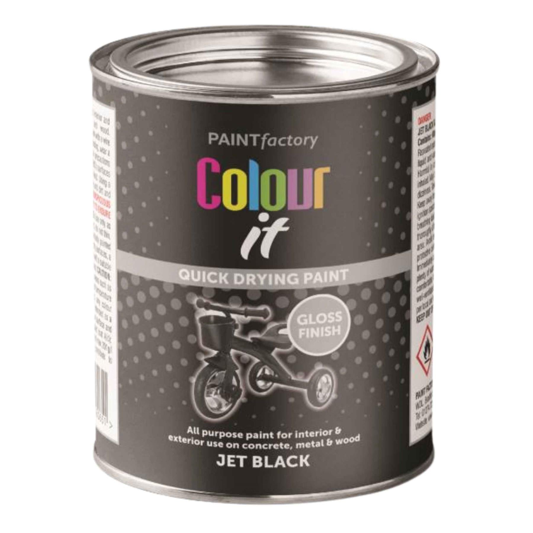 Jet black gloss paint tin from Paint Factory for quick drying application on various surfaces