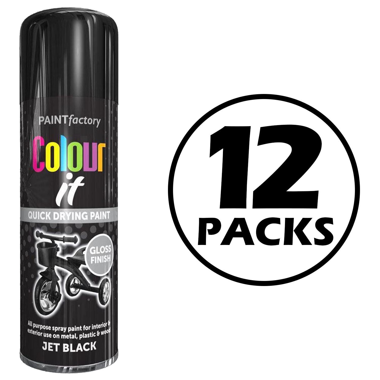 12X Paint Factory Jet Black Gloss Spray Paint 400ml Spray Paint