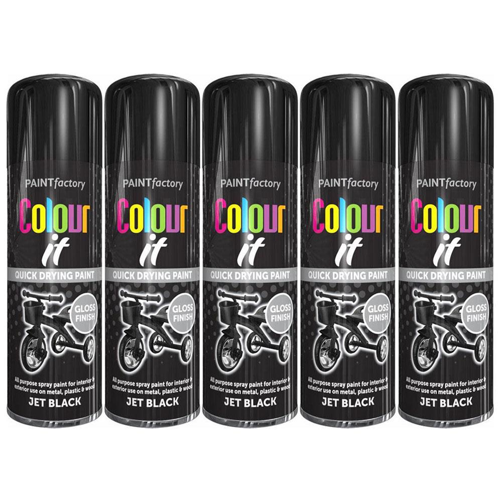 Five cans of Paint Factory Jet Black Gloss Spray Paint with quick drying and gloss finish