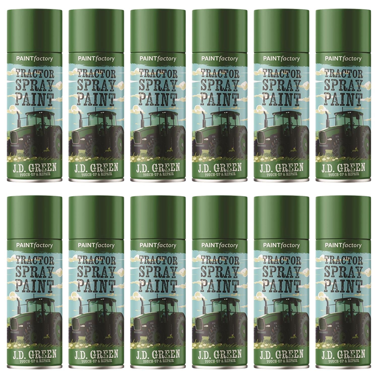 Pack of John Deere green tractor spray paint cans for easy application on farm equipment