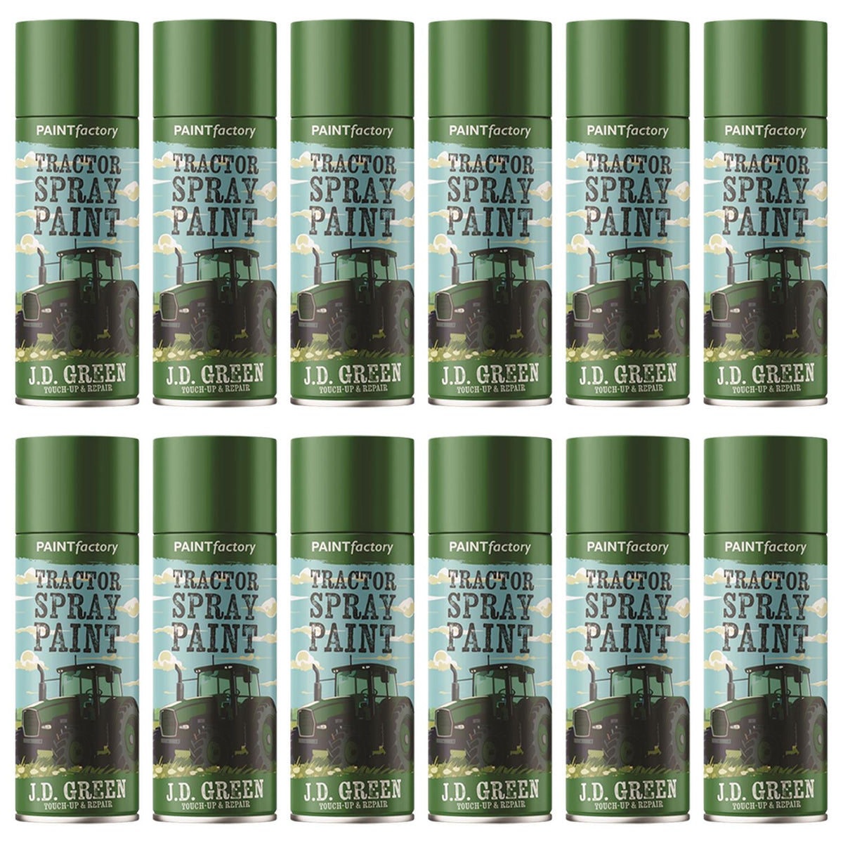 Pack of John Deere green tractor spray paint cans for easy application on farm equipment