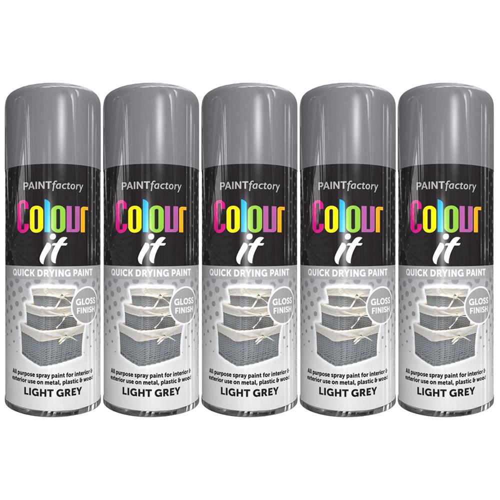 Paint Factory light grey gloss spray paint cans in a row for quick drying and all-purpose use