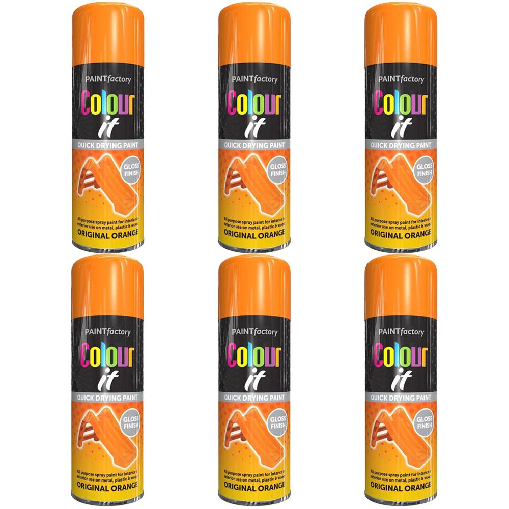 Paint Factory orange gloss spray paint cans with quick drying and glossy finish six pack