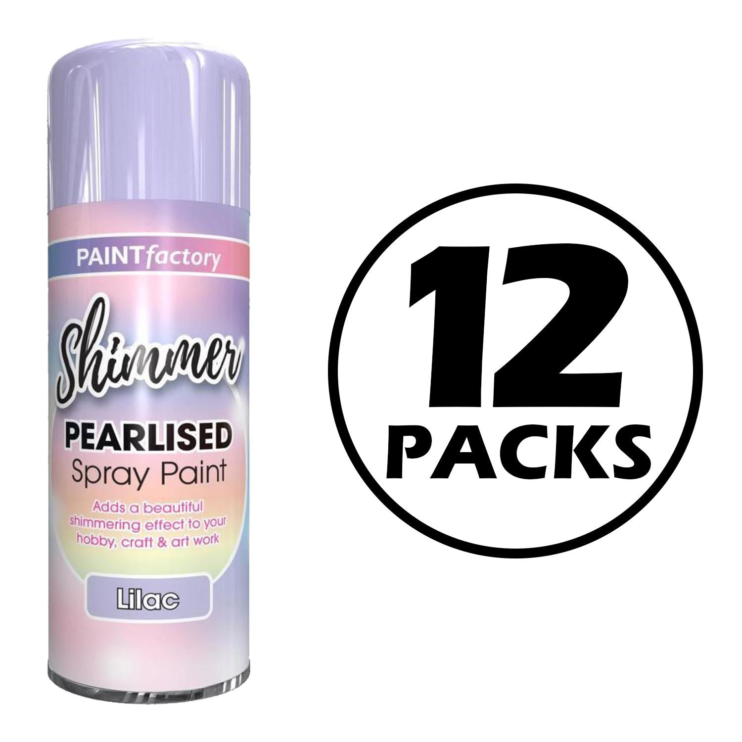 Paint Factory pearlised lilac spray paint can with shimmering effect label and 12 pack quantity