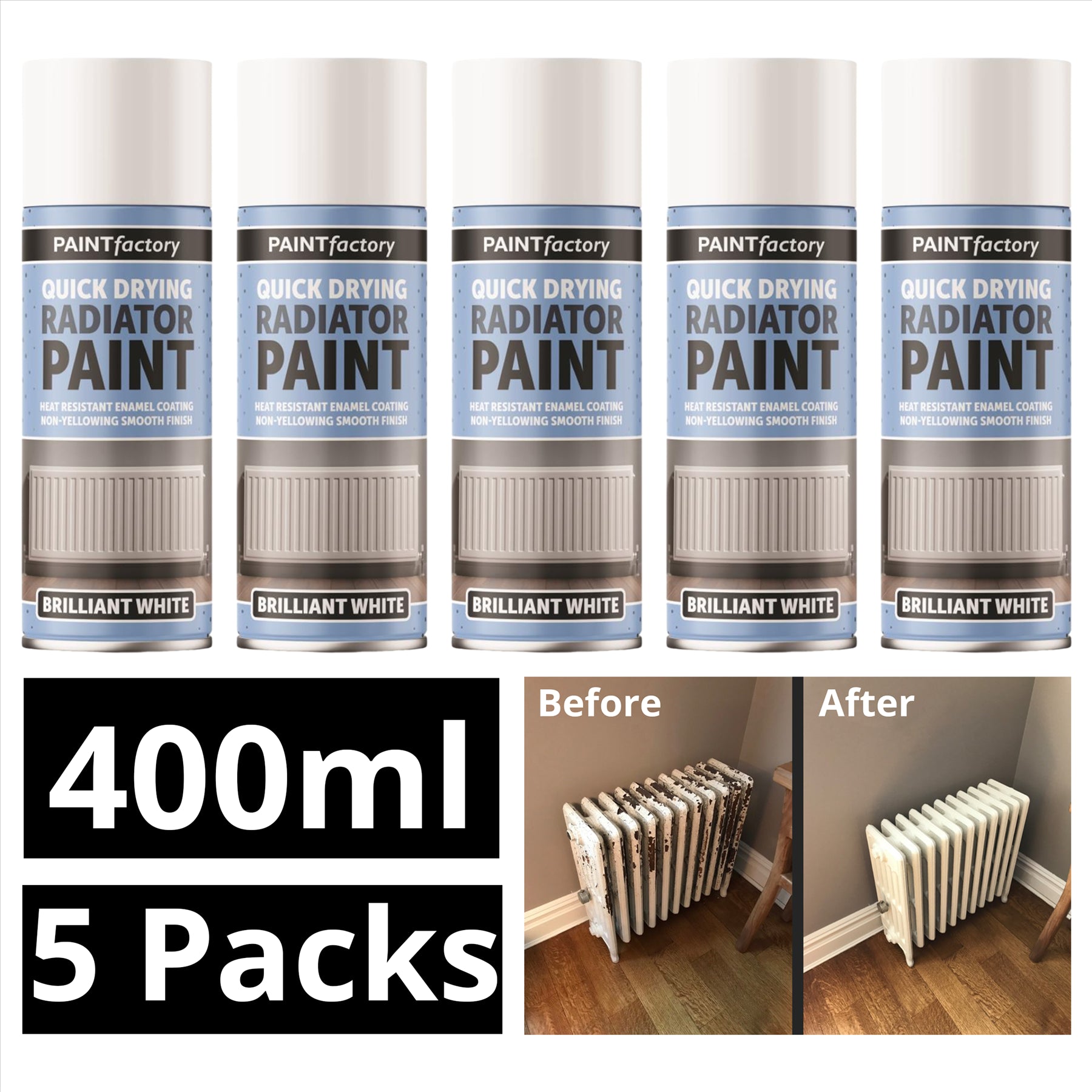 5X Paint Factory Quick Drying Radiator Paint White 400ml Spray Paint