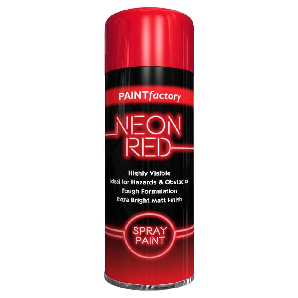 Red fluorescent spray paint 200ml from Paint Factory with a highly visible matte finish for various projects
