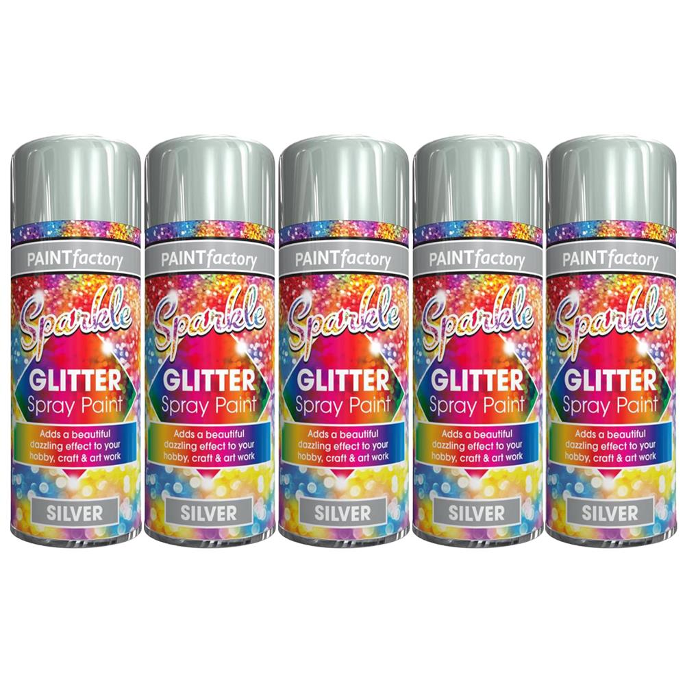 Paint Factory silver glitter spray paint cans with sparkling glitter finish for craft and hobby projects