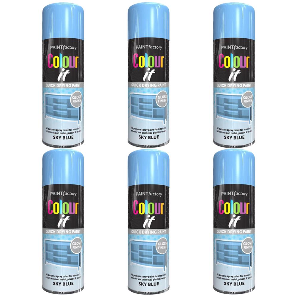 Six cans of Paint Factory sky blue gloss spray paint with quick drying and gloss finish