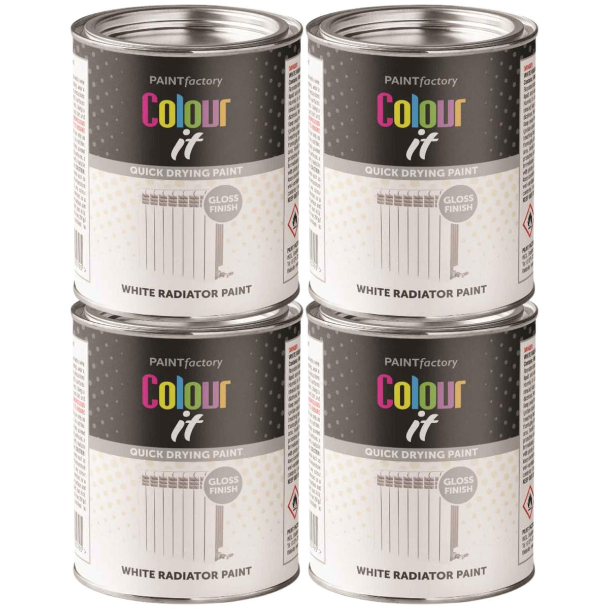4X Paint Factory White Gloss Radiator Tin Paint 300ml Tin Paint