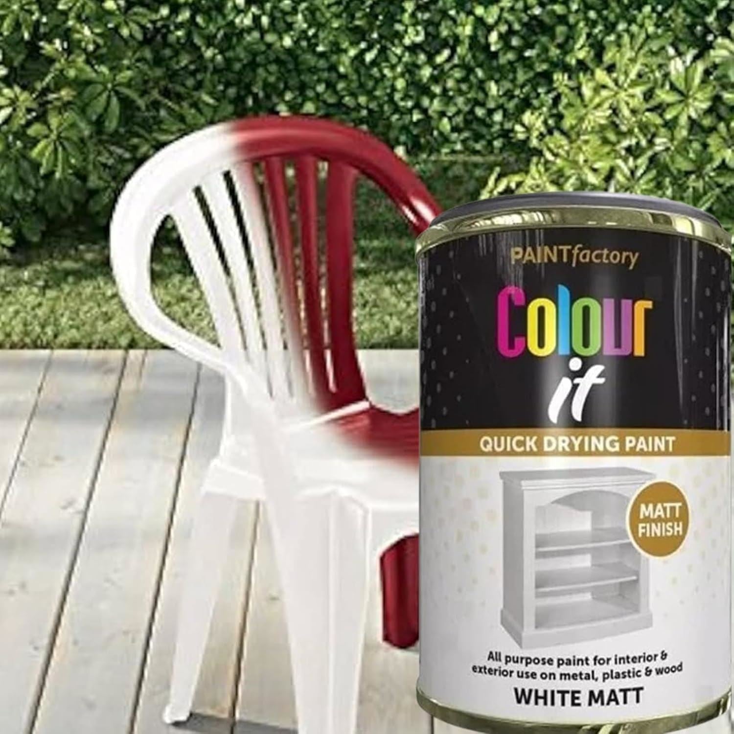 300ml tin of white matt tin paint from Paint Factory beside a red and white plastic chair outdoors