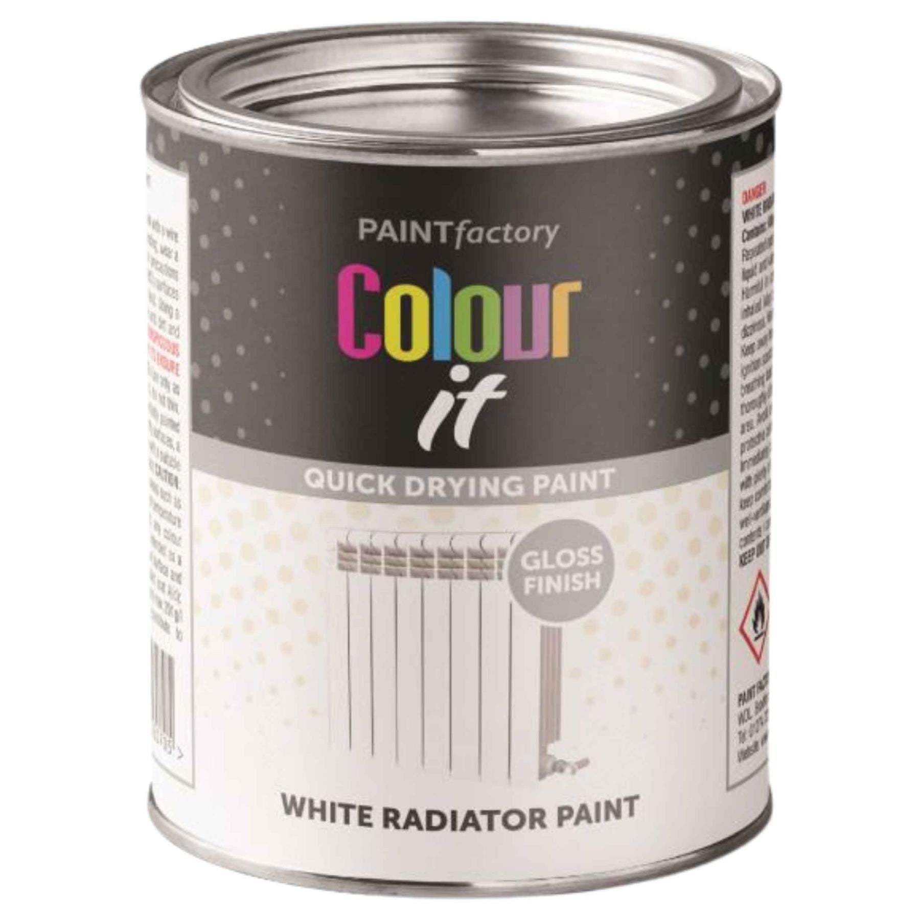 300ml tin of Paint Factory Colour It Quick Drying White Radiator Gloss Paint with a gloss finish