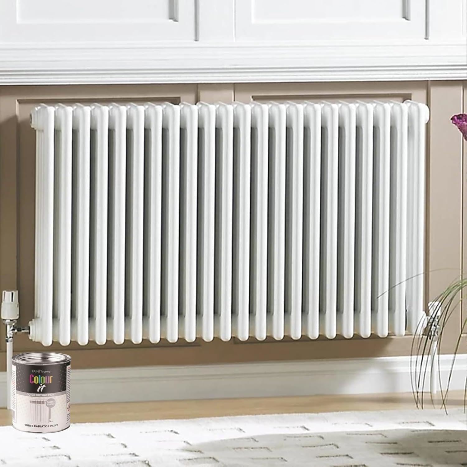 300ml Tin of White Radiator Gloss Paint by Paint Factory next to a freshly painted radiator