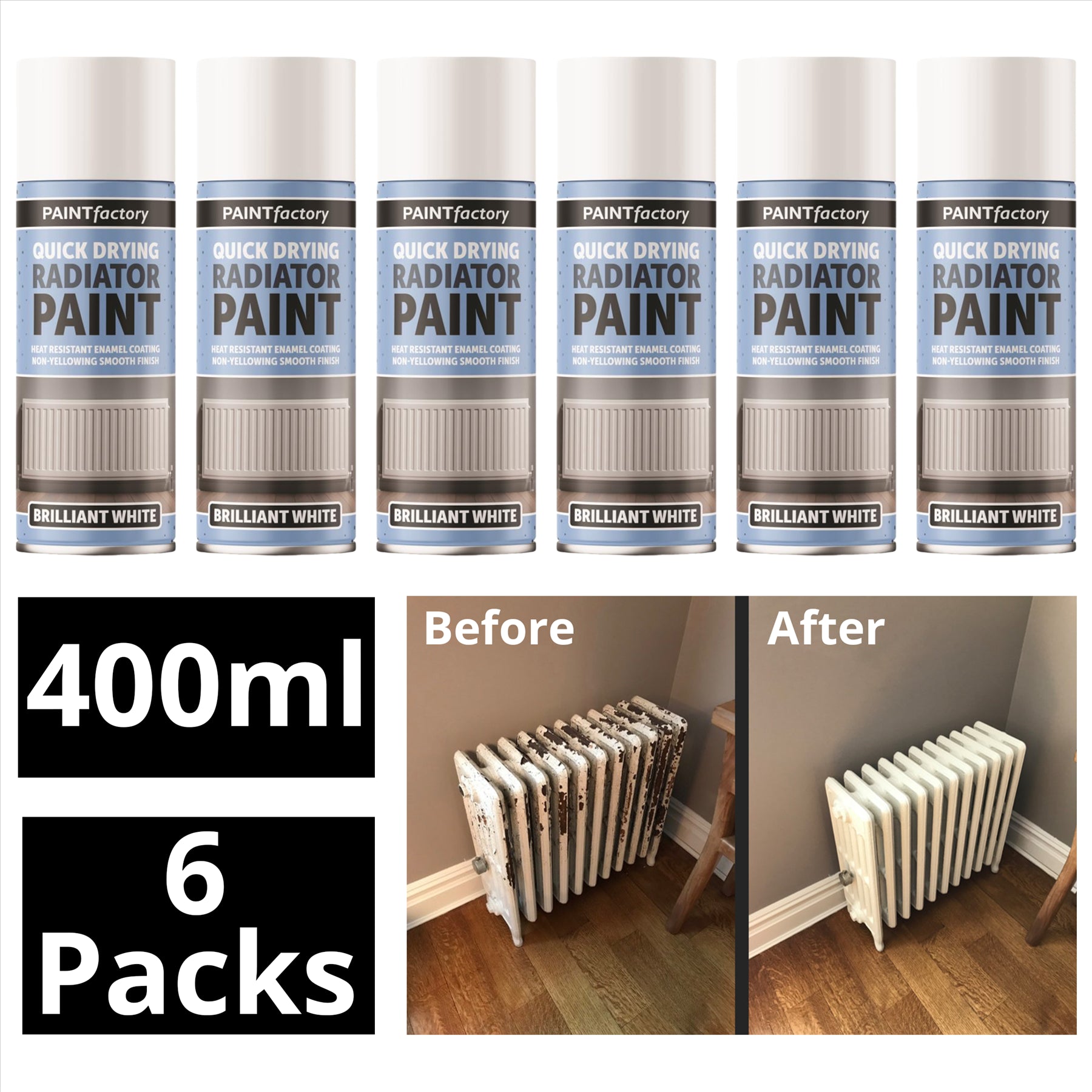 6X Paint Factory Quick Drying Radiator Paint White 400ml Spray Paint