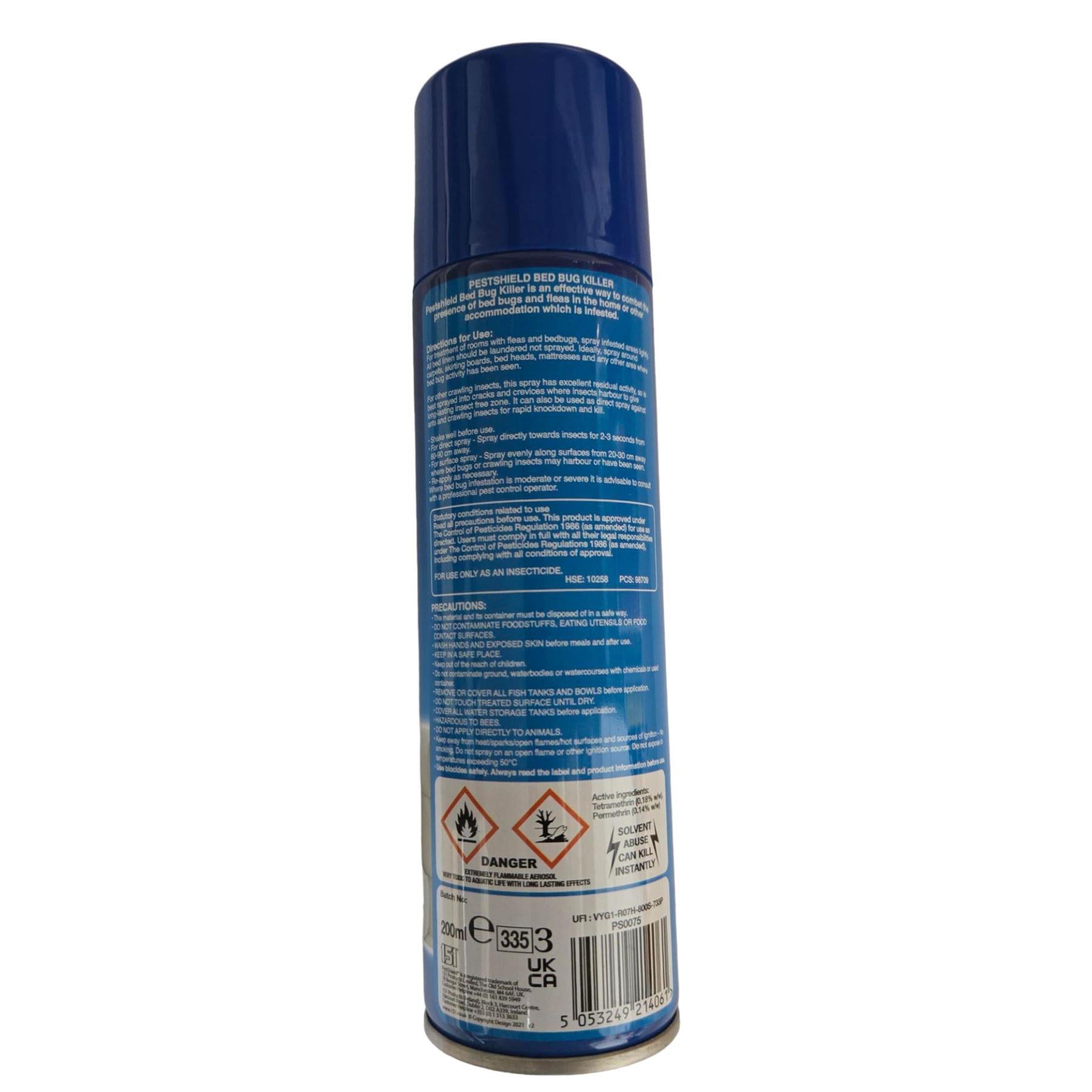 PestShield bed bug killer spray can with safety warnings and usage instructions on the back