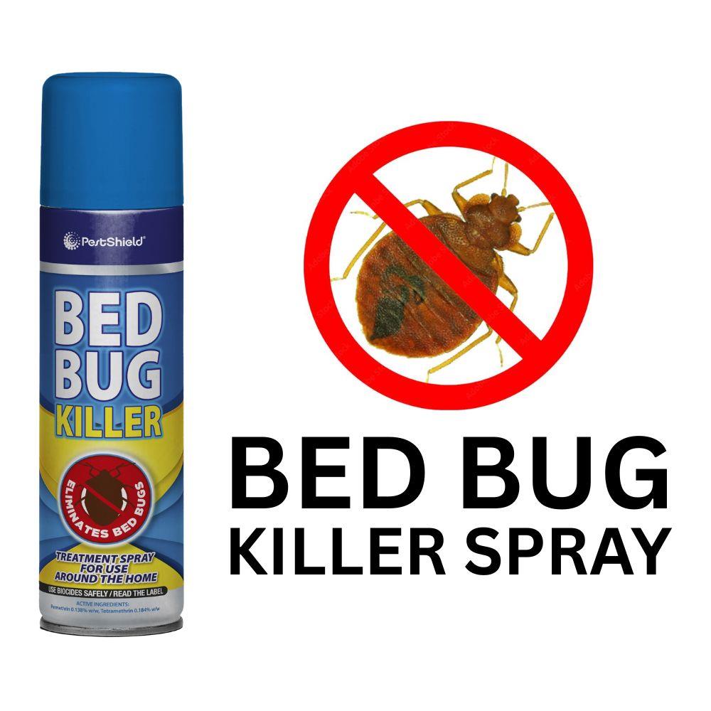 PestShield Bed Bug Killer Spray can with a bed bug warning symbol for effective pest control