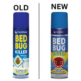 PestShield bed bug killer spray cans showing old and new designs for effective pest control