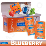 Pasante Blueberry Condoms orange flavored male condom wrappers with strawberry, blueberry, chocolate, and mint leaves