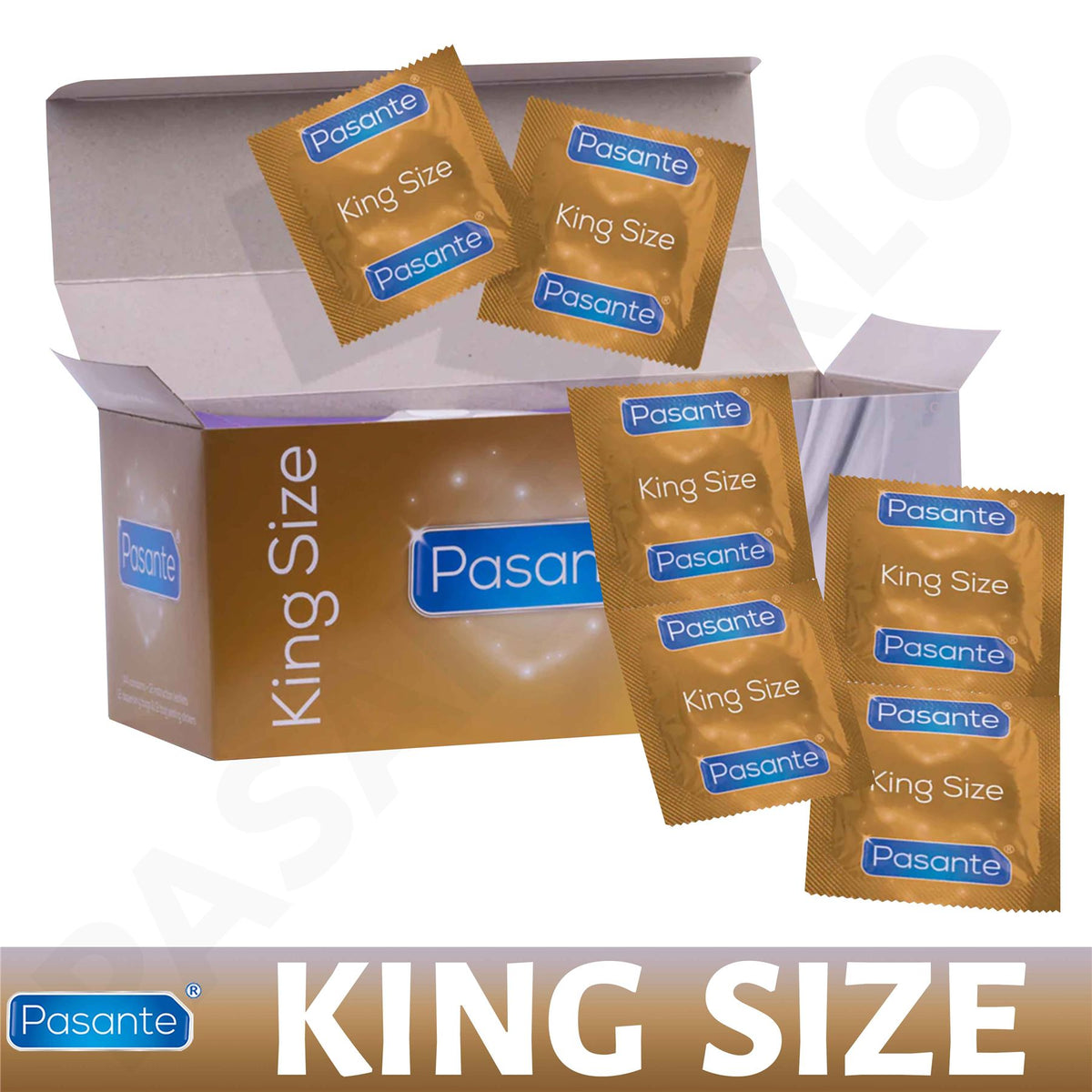 Pasante King Size Condoms 48 pack box with individual gold foil condom packets