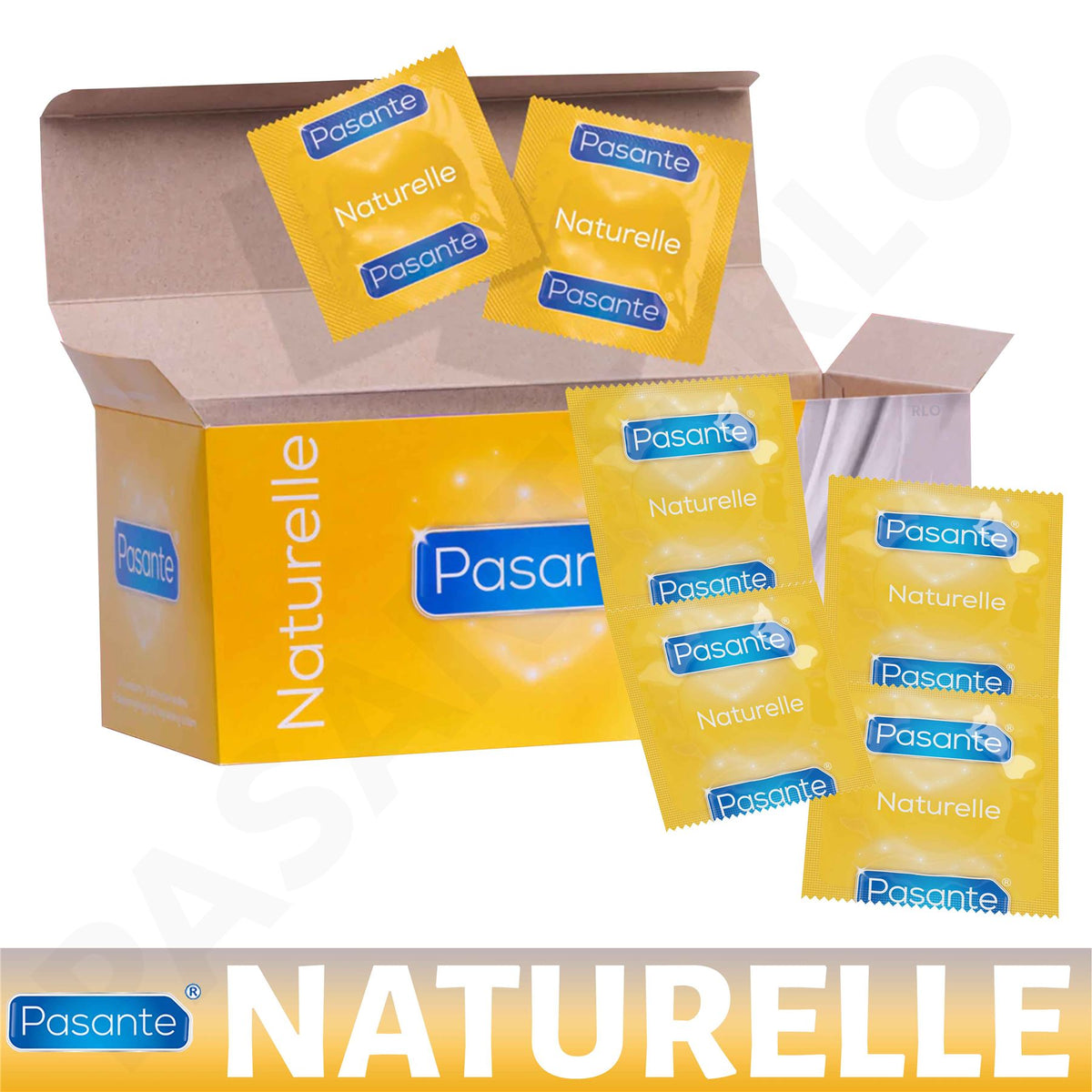 Pasante Naturelle condoms 144 pack with yellow packaging and individual wrapped condoms shown
