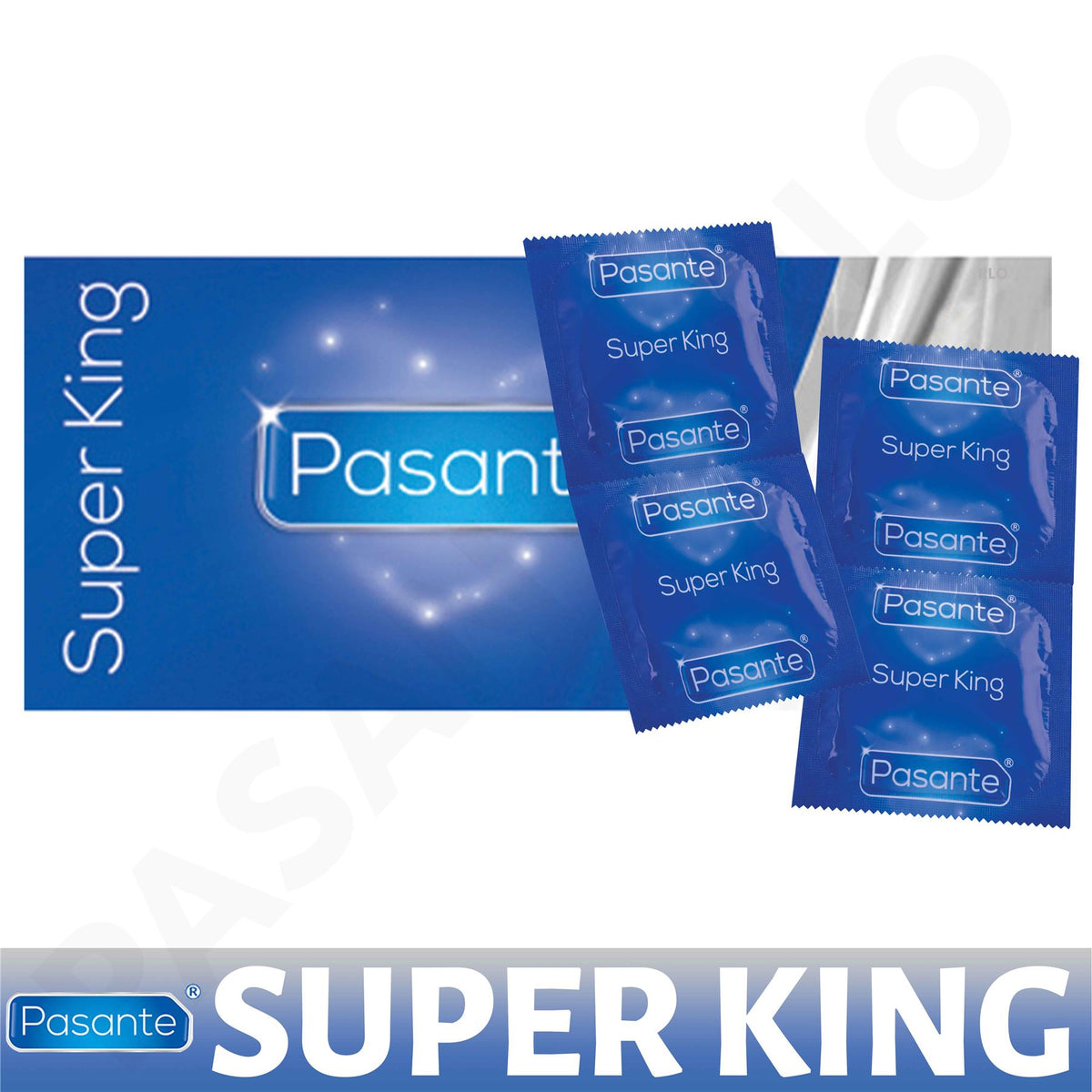 Pasante Super King Size condoms in a blue pack with individual wrappers for enhanced comfort