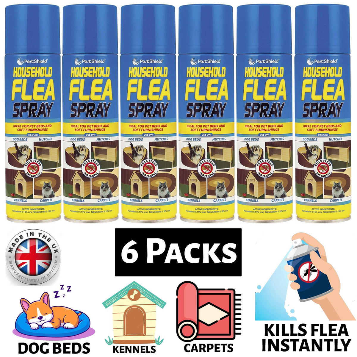 Pestshield Household Flea Spray 200ml in six-pack for treating dog beds, kennels, and carpets