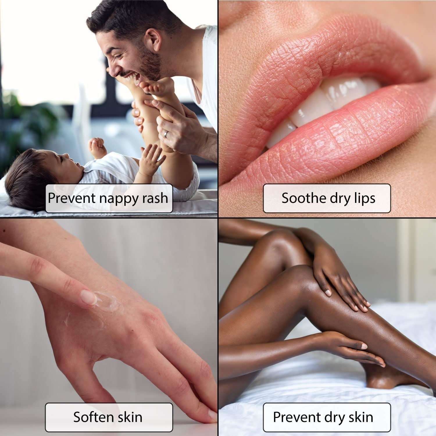 Petroleum jelly for dry skin shown in various uses like soothing lips and softening skin