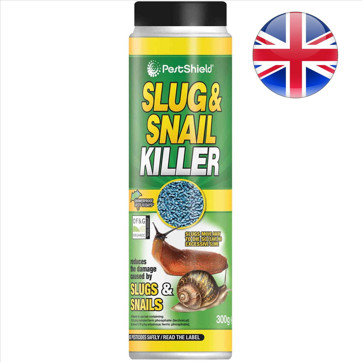PestShield slug and snail killer pellets in a 300g container for effective garden pest control